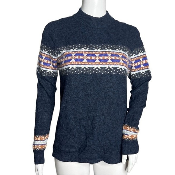 Woolrich Sweater Womens Medium Navy Blue Orange Wildview Wool Alpaca Cabincore - Picture 1 of 6